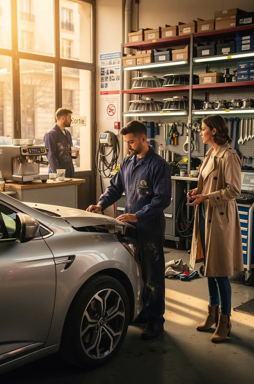 Rayon bien organisé de pièces détachées pour voitures dans un centre de service automobile en France.